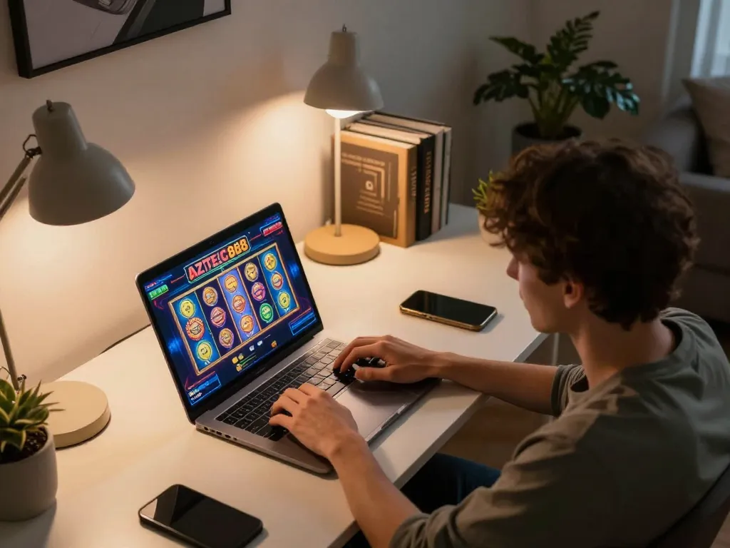 Engaged player enjoying AZTEC888 slots on laptop in a cozy home setting