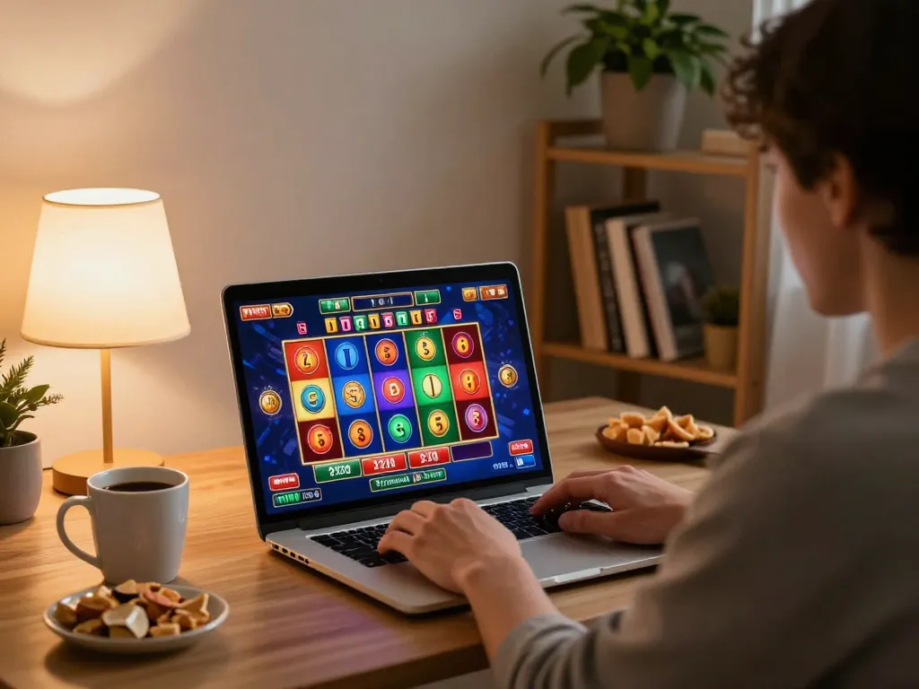 Online gambling action at 7-hd with vibrant slots game on a laptop screen.