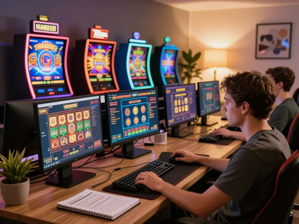 Player engaging with FAFA828 online slots on a modern gaming setup, showcasing colorful interfaces and cozy environment