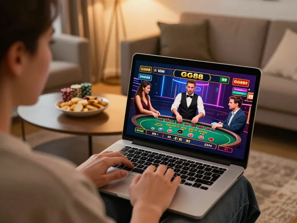 GG88 player engaging in live online casino game from home, showing excitement and strategy.