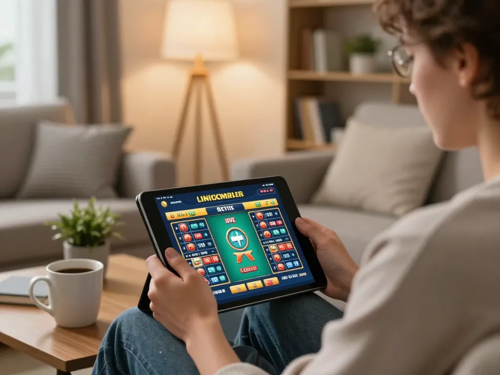 Pengeluaran Singapore view showing a person playing live lottery games on a tablet in a cozy home.