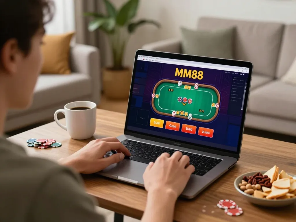 Playing poker on MM88 online platform from a cozy home setup with snacks and coffee.