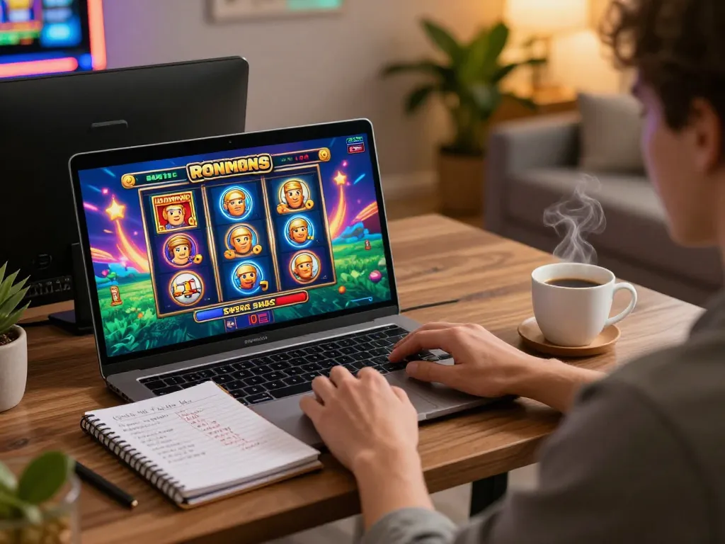 Engaging in slot bonus gameplay on a laptop, showcasing excitement and strategy.