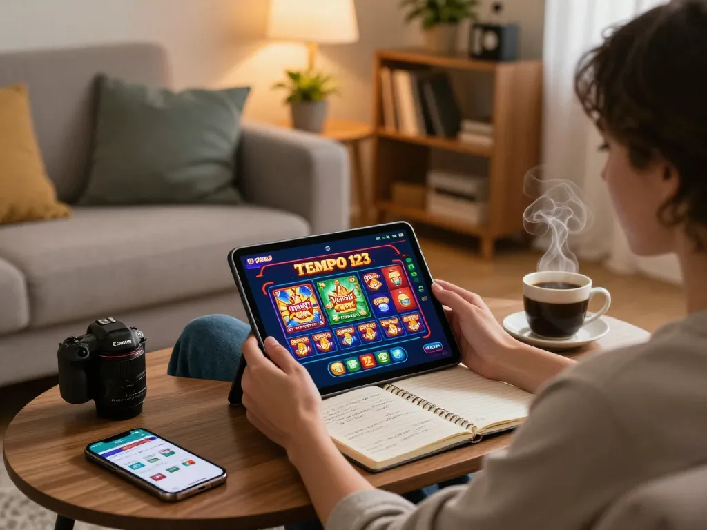 Player using Tempo 123 app on tablet for engaging online slot gaming experience.