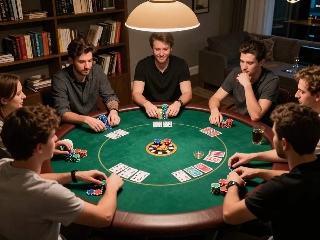 Friends enjoying poker night at home with FAFA 828, showcasing chips and cards in action.