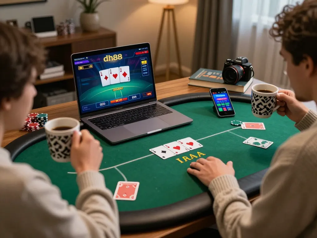 Play dh88 online with a vibrant poker game displayed on a laptop, showcasing strategic gameplay and a cozy atmosphere.