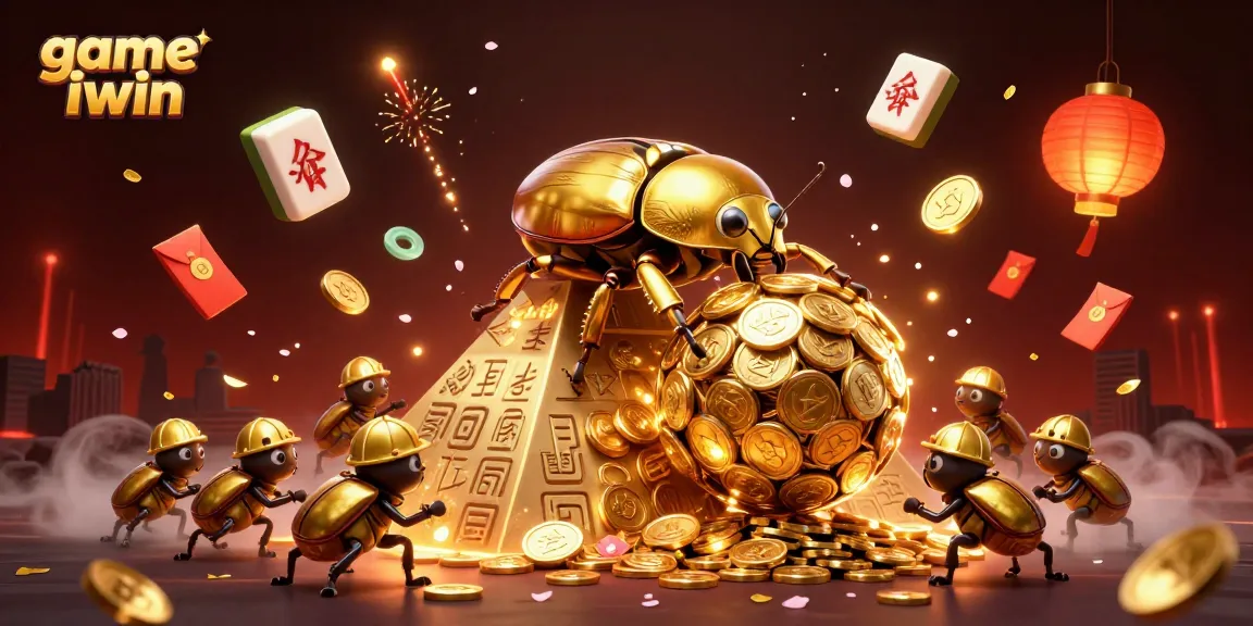 Engage with game iwin as a massive golden beetle rolls coins up a pyramid in an exciting casino setting.
