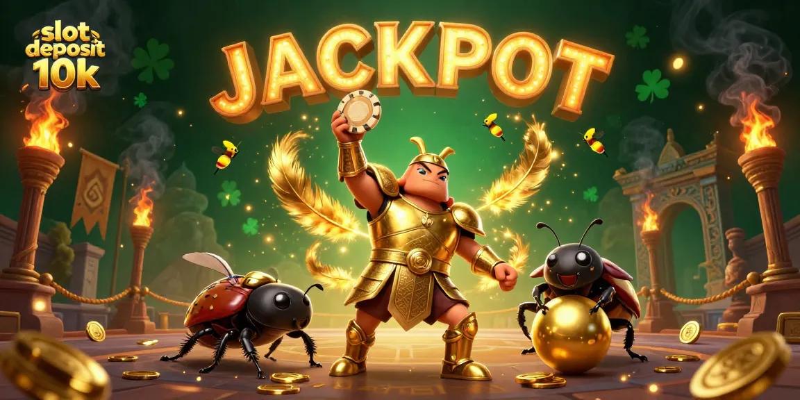 Engage in thrilling gameplay with slot deposit 10k, featuring a victorious beetle champion and dynamic casino elements.