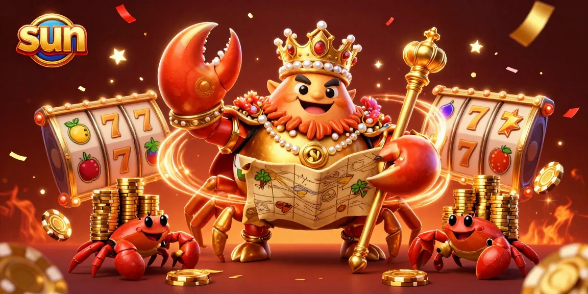Join the sun-themed casino adventure with a golden crab emperor and vibrant slot reels.