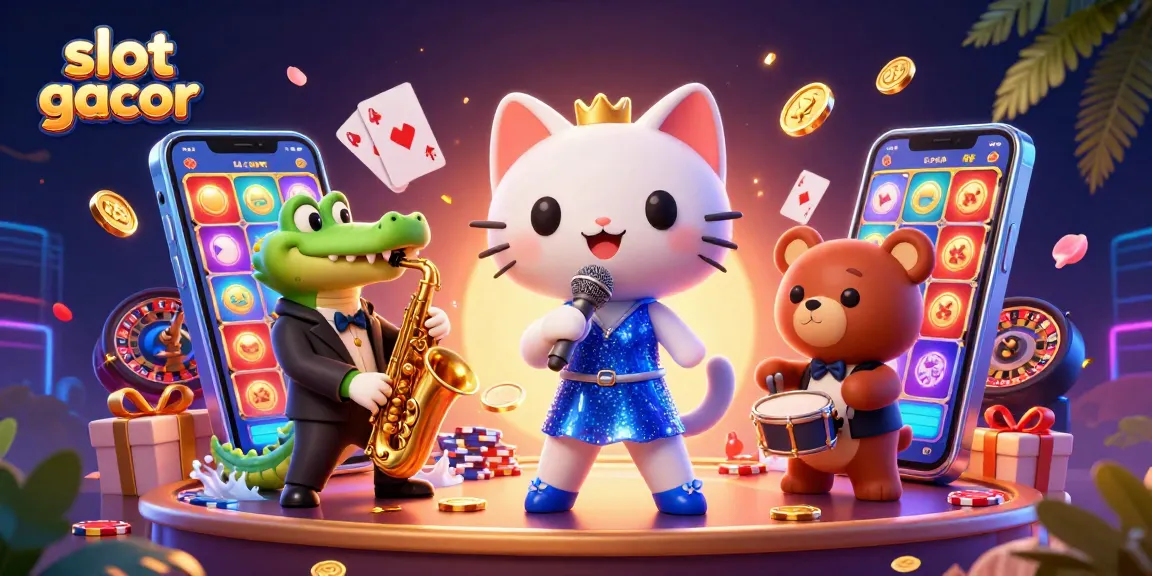 Menggenggam slot gacor, seekor kucing penyanyi jazz 3D tampil di kasino dengan simbol keberuntungan.