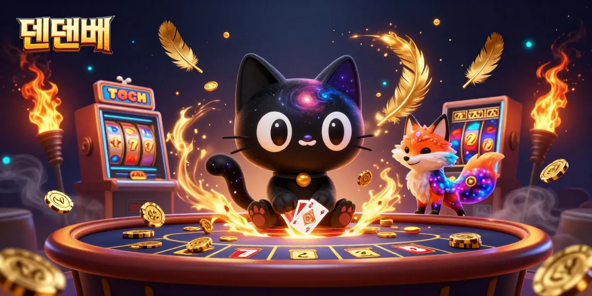Experience the exhilarating world of 텐텐벳 as a cosmic cat and nebula fox pull in casino chips in a vibrant atmosphere.