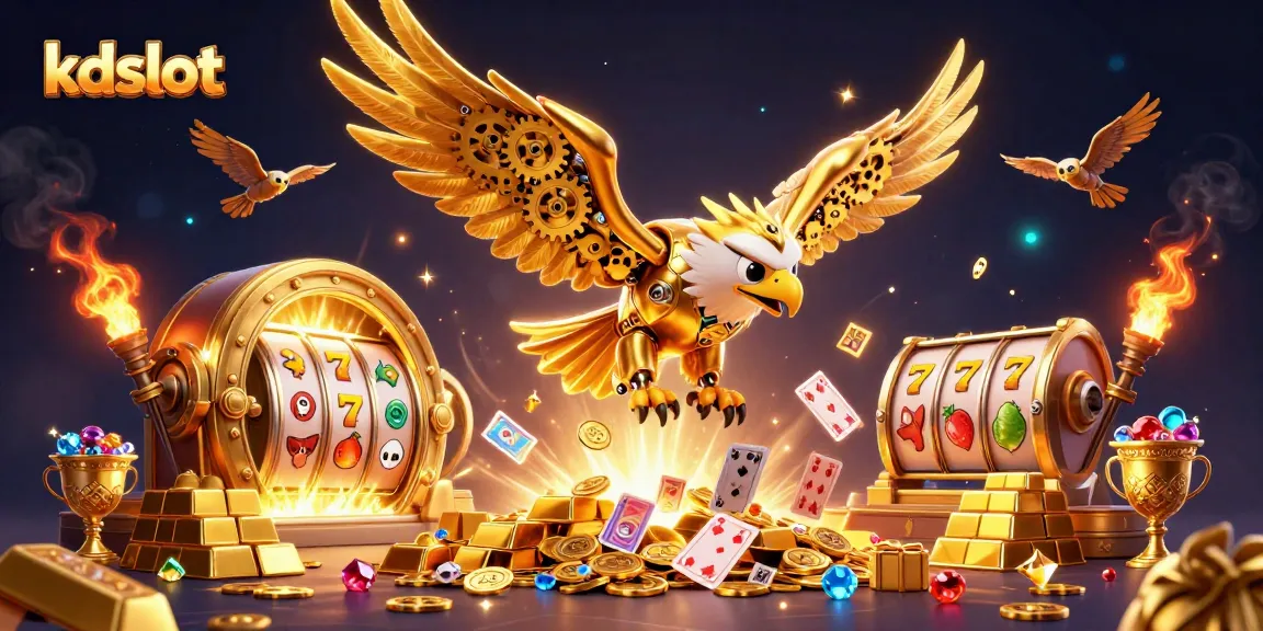 Experience thrilling kdslot action with cybernetic eagle diving through holographic playing cards amidst dazzling casino treasures.