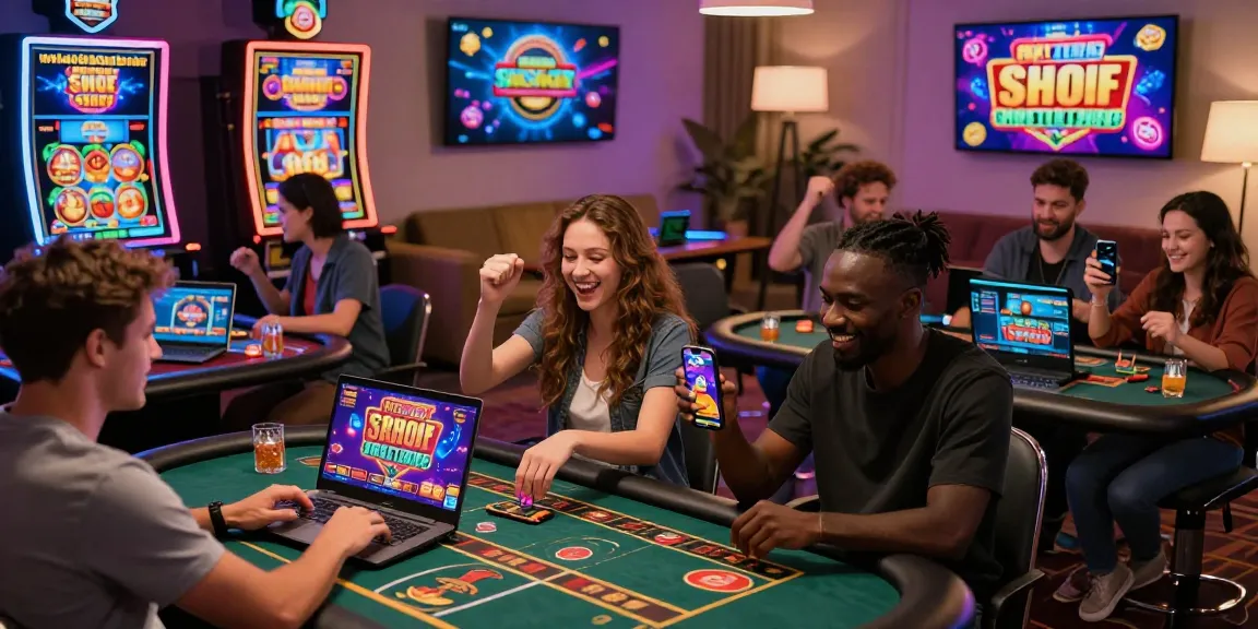 Players immersed in online credit card casinos, enjoying diverse games and bonuses in a lively setting.