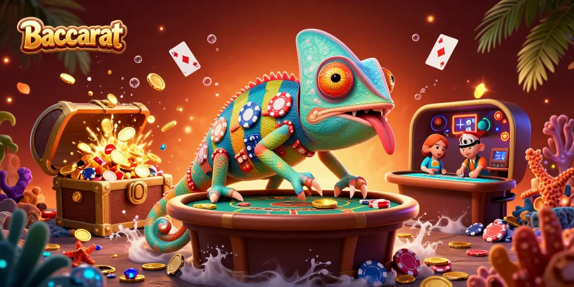 Baccarat action with a colorful chameleon casino owner amid a vibrant treasure scene filled with gold coins and playing cards.