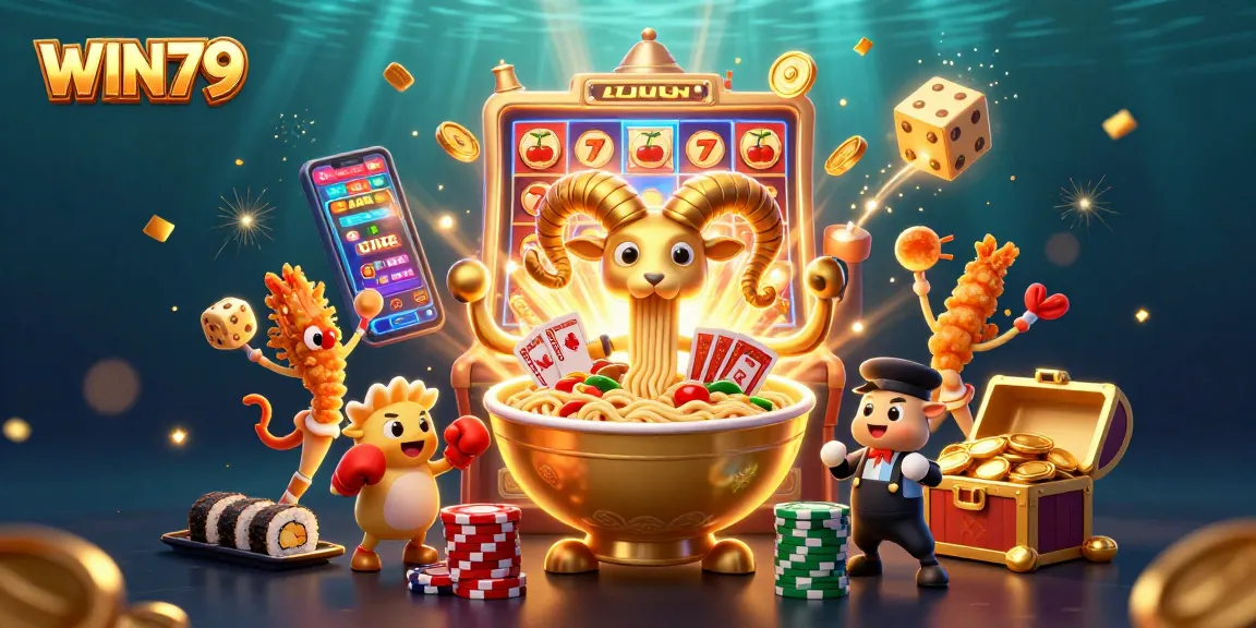Win79 showcases an exciting 3D scene with a golden ramen bowl dealer amidst vibrant casino elements.