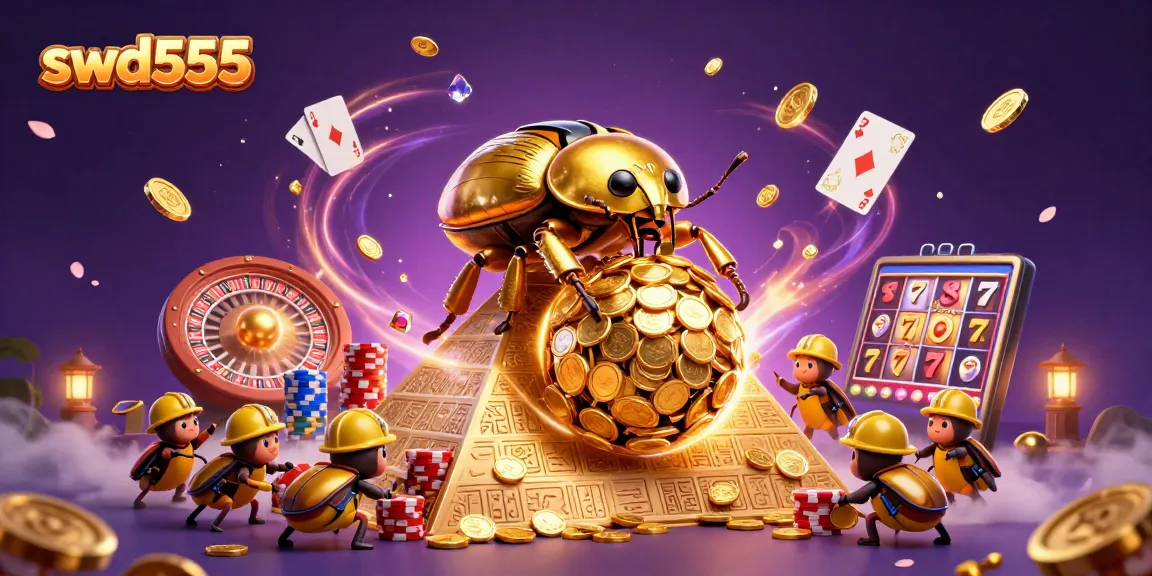 Mainkan slot di swd555 dengan jackpot dan simbol kasino menarik yang dikelilingi koin emas.