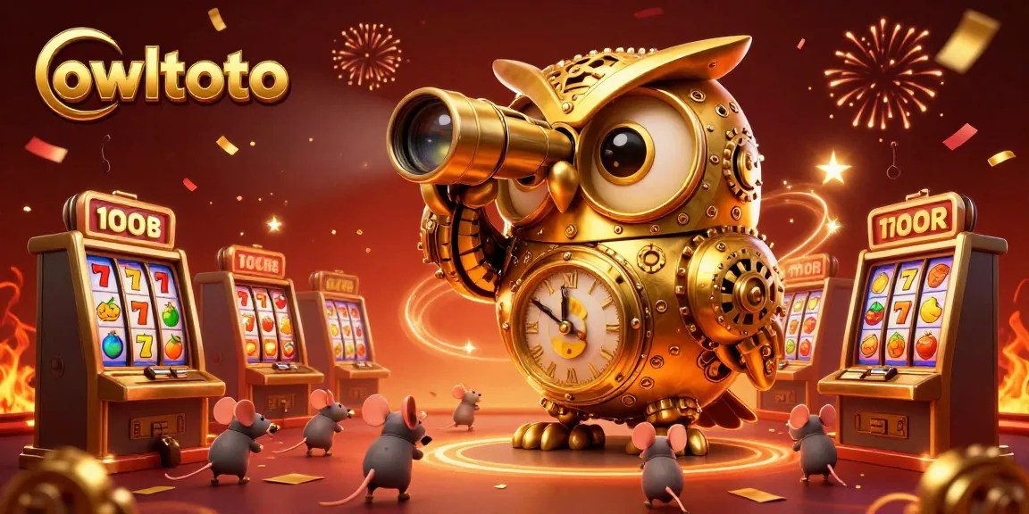 Experience exciting gaming with owltoto, featuring a clockwork owl amidst vibrant casino elements.