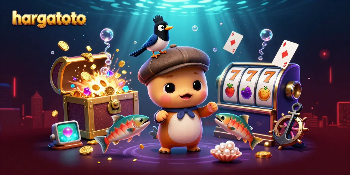 Engage with hargatoto in a vibrant casino scene featuring spinning slots, treasure chests, and playful characters.