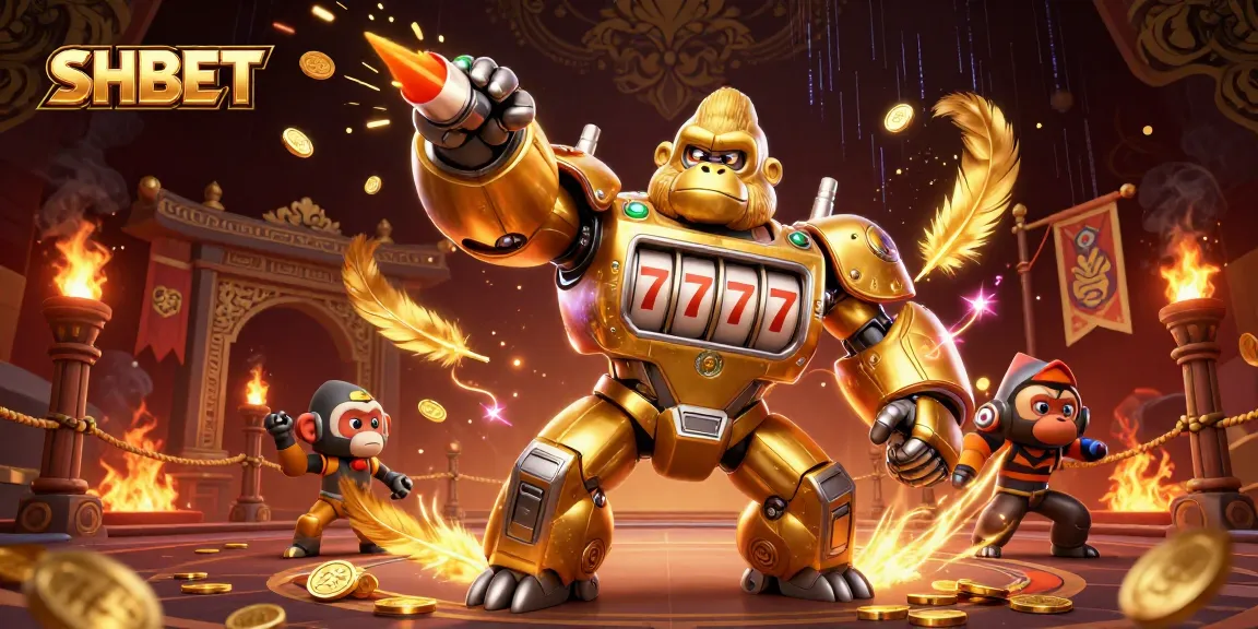 Experience thrilling gaming at SHBET with an action-packed 3D scene of a golden gorilla mech.