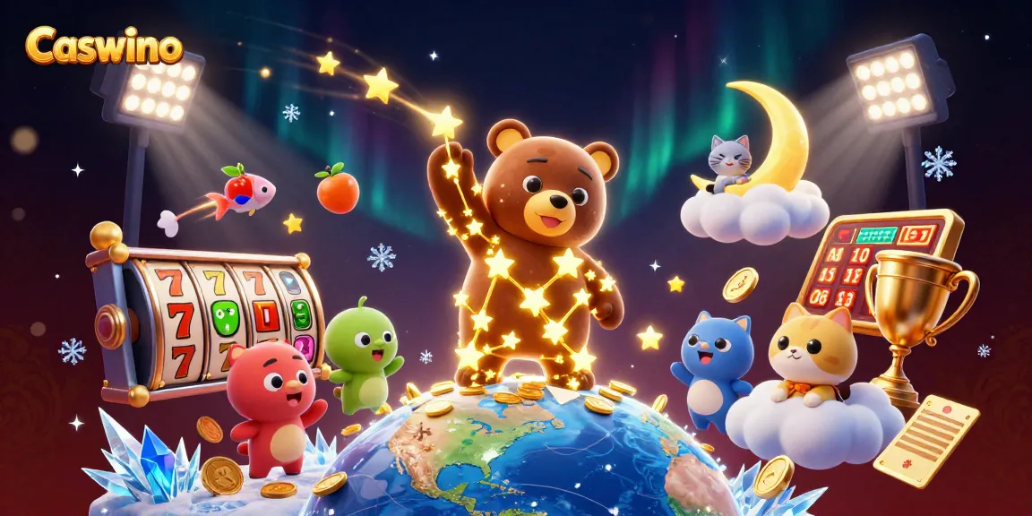 Caswino casino showcases an energetic scene with a constellation bear, slot elements, and dynamic golden coins.
