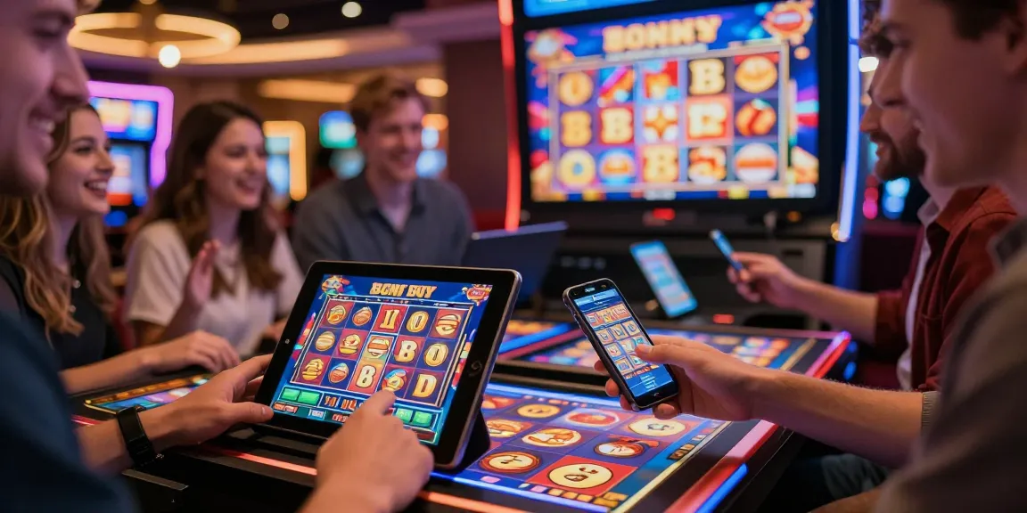 Players enjoying bonus buy slots in a lively casino atmosphere, showcasing engagement and excitement in gaming.