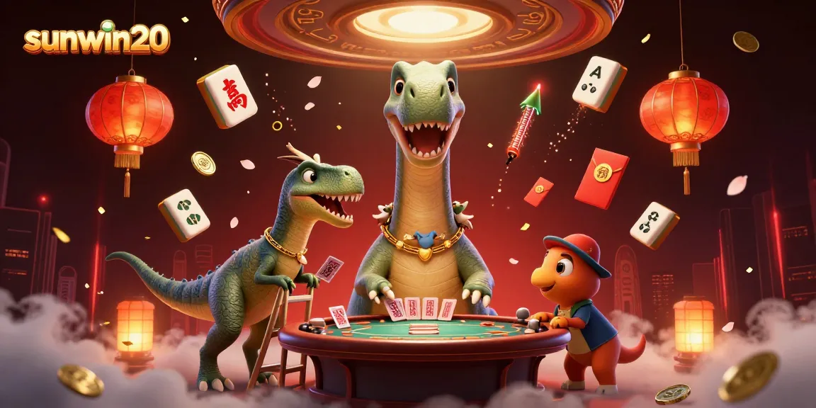 Experience sunwin20 with this vibrant casino scene featuring dinosaurs and dynamic gaming elements.