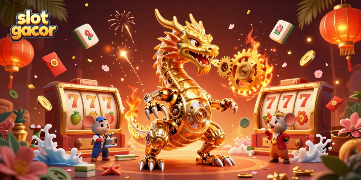 Menangkan jackpot slot gacor dengan ilustrasi naga emas yang terbang di antara simbol keberuntungan.