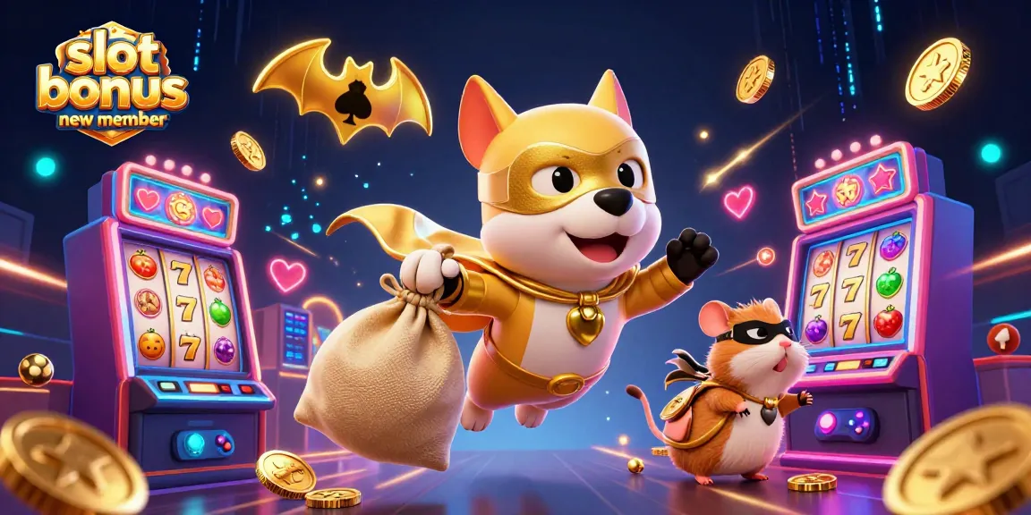 Exciting scene depicting a slot bonus new member game with a superhero dog and hamster, engaging players.