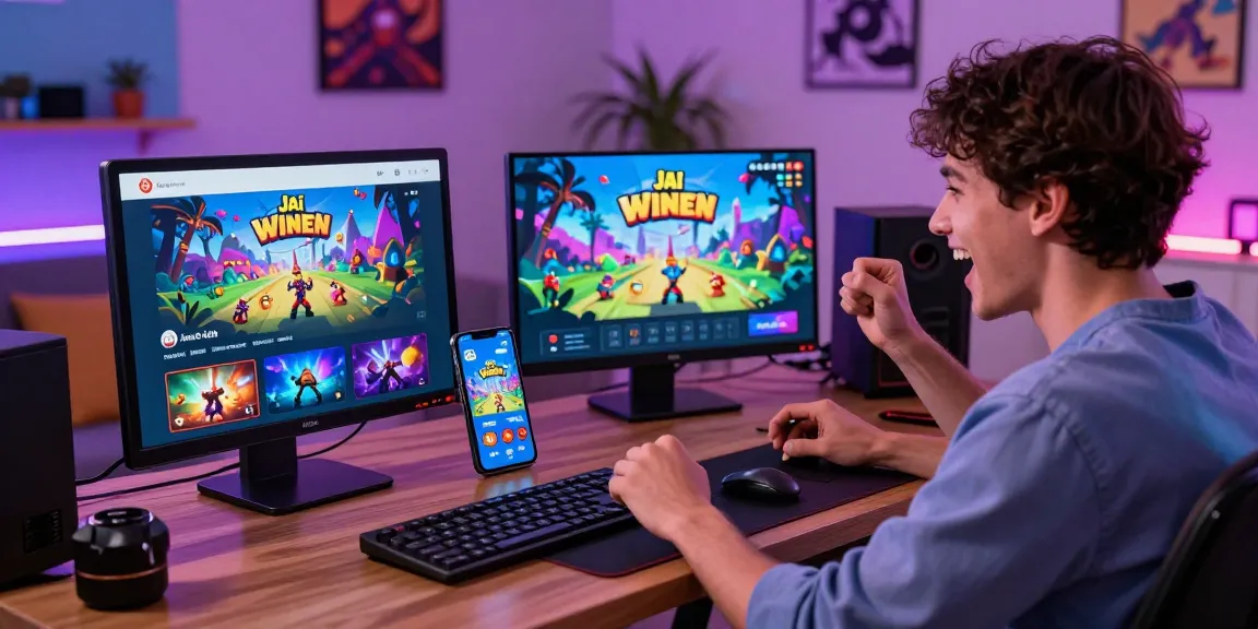 Jai Club gaming scene with a user celebrating wins on multiple devices, showcasing vibrant game graphics and a lively atmosphere.