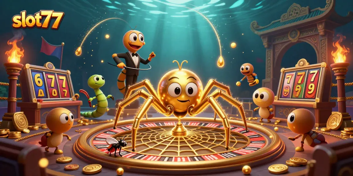Spin the reels to win on slot77 with a golden spider and a centipede croupier in an illustrated casino scene.
