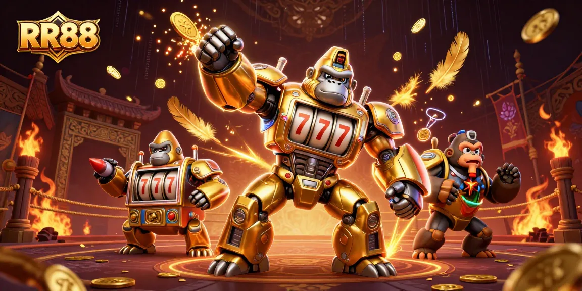 RR88 showcases a dynamic scene with a golden gorilla mech and vibrant casino elements, perfect for exhilarating gaming experiences.