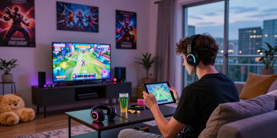Play Mega888 Apk in a cozy living room with gaming gear and vibrant atmosphere.