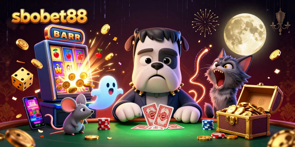 Experience sbobet88 gaming with a lively 3D illustration of a Frankenstein bulldog dealer at a casino table.