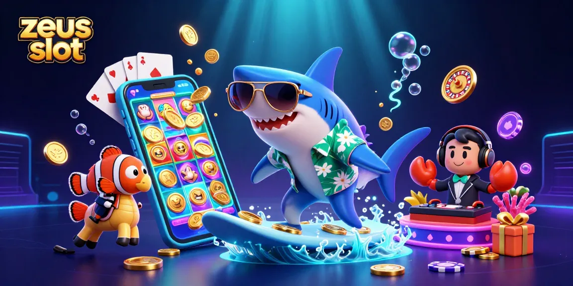 Experience the excitement of zeus slot with a lively 3D underwater scene featuring a hammer-head shark and friends amidst gold coins and a colorful slot game.