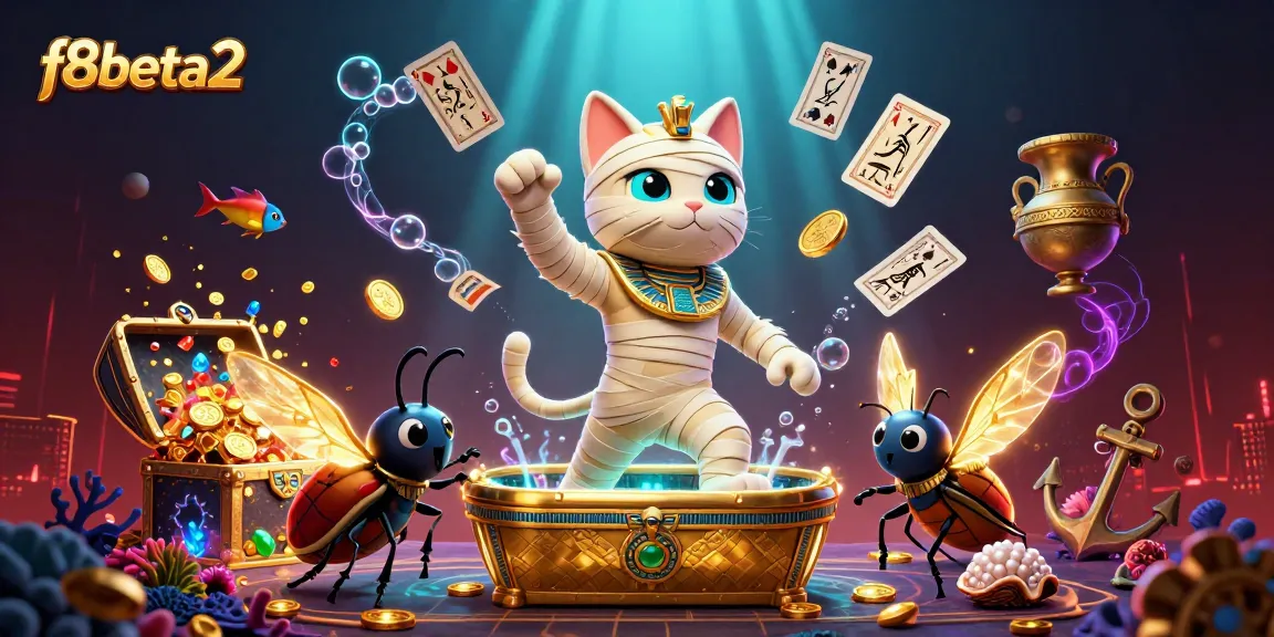 Engage with f8beta2 in a vibrant casino scene featuring an Egyptian mummy cat and sparkling treasures.