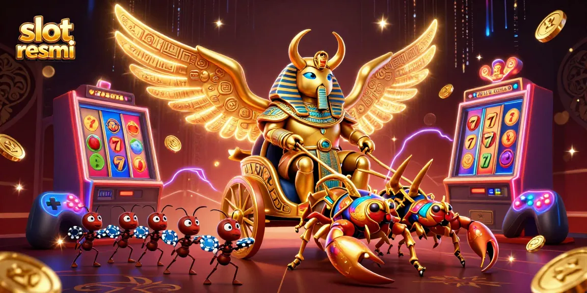 Slot resmi memperlihatkan scarab emas raksasa dan simbol permainan dalam ilustrasi 3D yang megah.