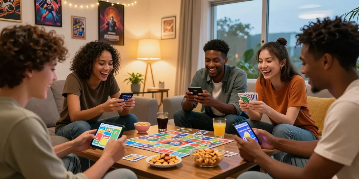 Enjoying Card Rummy with friends in a lively cozy setting while apk download highlights the app's engaging features.