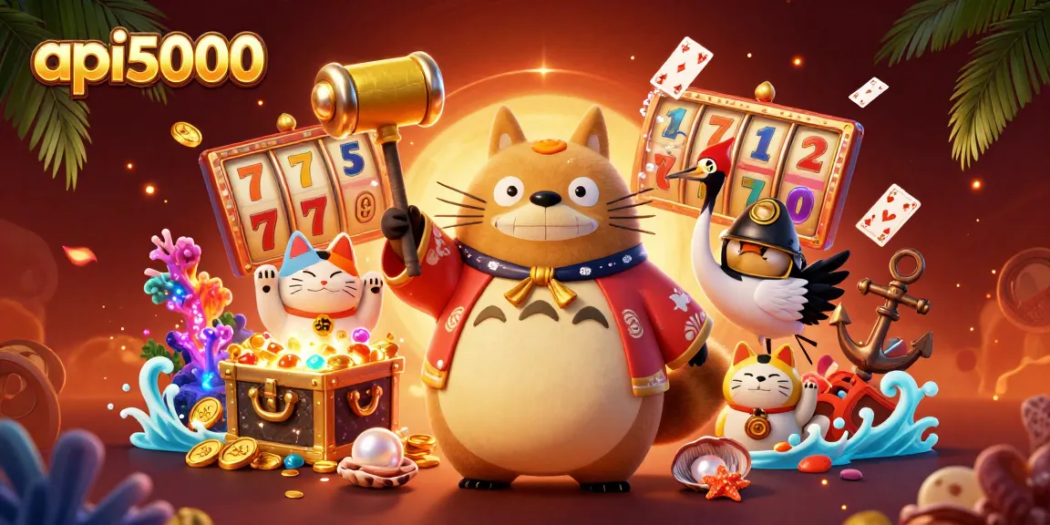 Mengguncang jackpot dengan api5000, gambar penuh warna dengan hewan keberuntungan dan harta karun kasino.