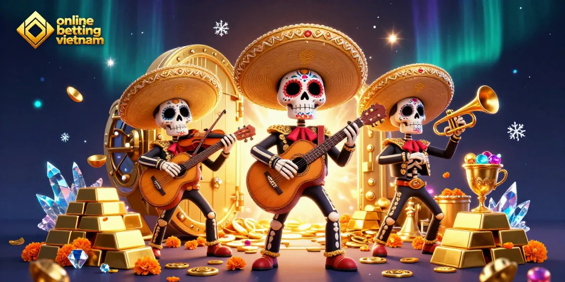 Engage with online betting Vietnam through vibrant 3D illustration of a mariachi band amidst treasures.