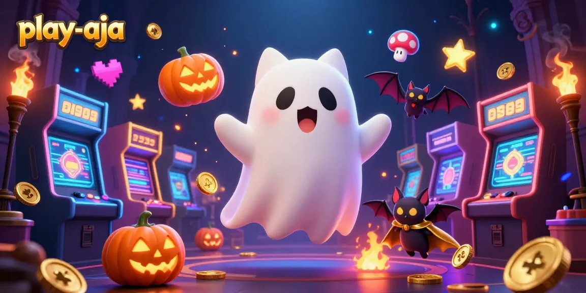 Engage with play-aja in a vibrant haunted casino scene featuring a ghost cat, bat, and glowing arcade elements.