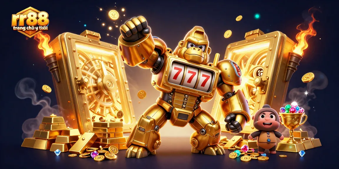 Experience the excitement of rr88 trang chủ uy tín with our dynamic casino-themed illustration featuring a golden gorilla mech.