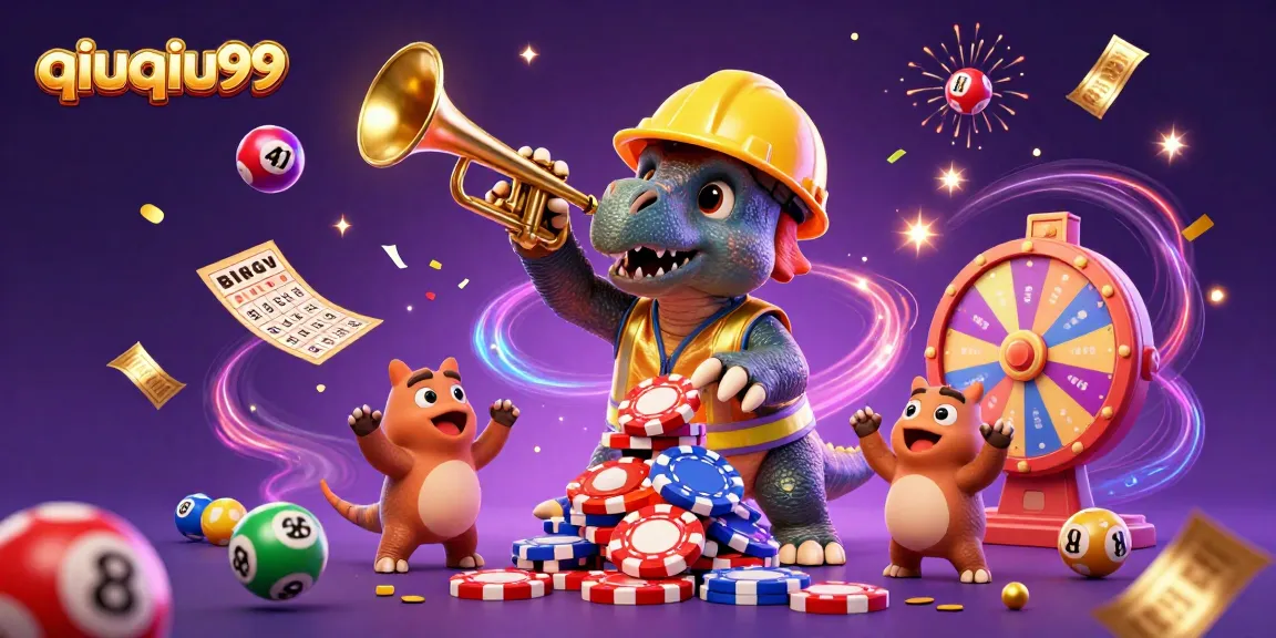 Experience the thrill of qiuqiu99 as a triceratops builds poker chip pyramids amidst a vibrant gambling celebration.