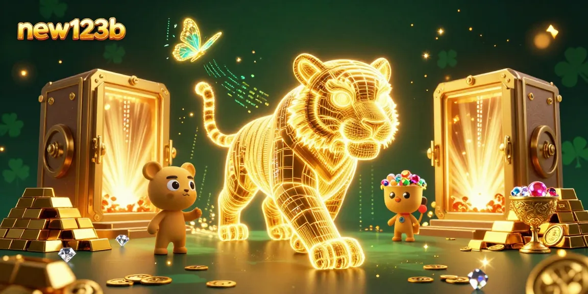 Experience new123b's exciting casino adventure with a neon-wireframe tiger in a vibrant digital landscape.