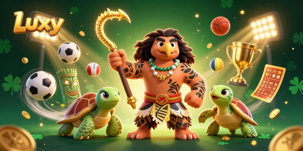 Luxy sports betting scene featuring a 3D demigod and turtle amid dynamic sports elements.