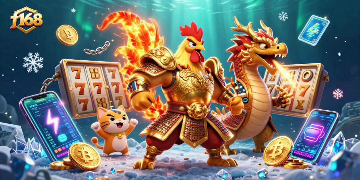 Engage with f168's thrilling slot gaming experience with a powerful warrior, dragon, and crypto elements.