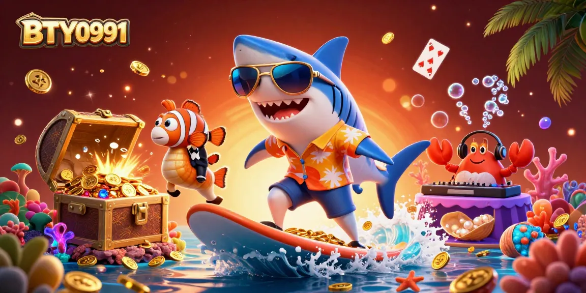 Engage with BTY0991's vibrant gaming experience featuring a shark and friends on a treasure-filled beach.