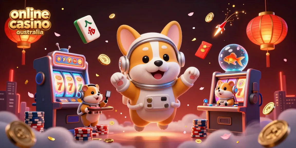 Experience the thrill of an online casino Australia with a dynamic 3D scene featuring a playful corgi and festive elements.