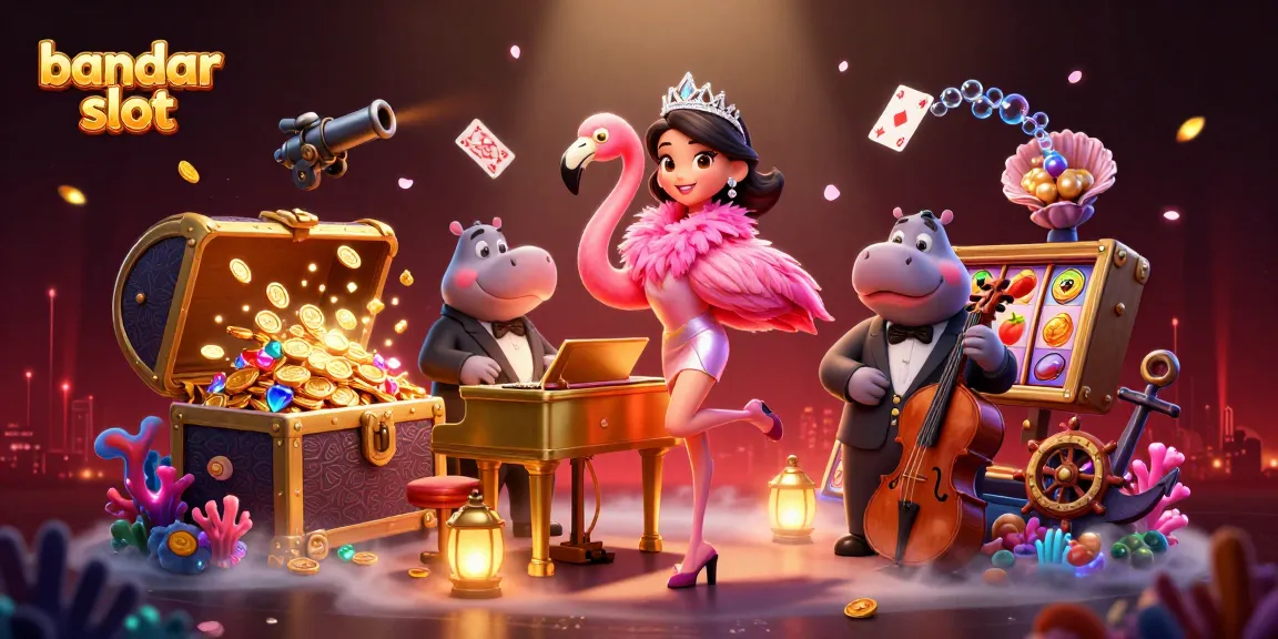 Bermain bandar slot dengan simbol keberuntungan dan suasana kasino yang meriah.