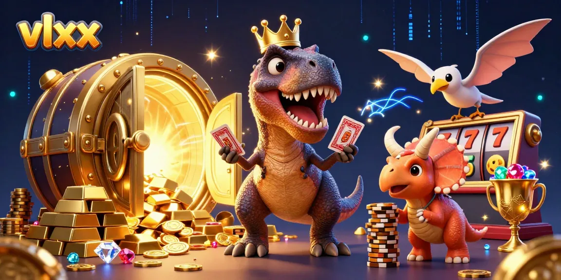 Win big with vlxx as T-Rex and friends shuffle cards and stack chips in a vibrant 3D casino