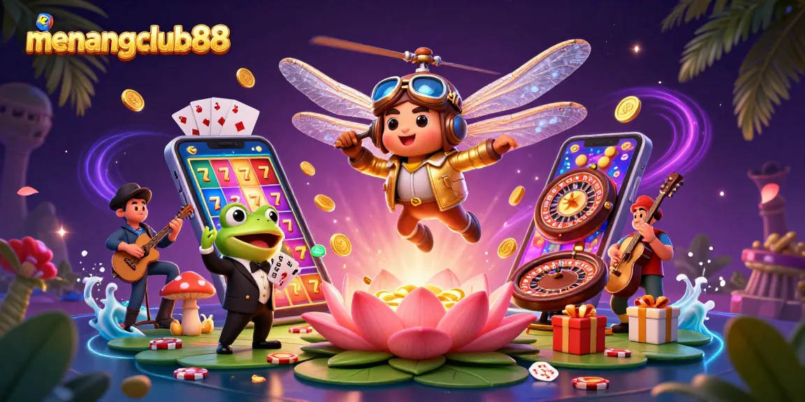 Win big with the menangclub88 platform showcasing thrilling casino games and vibrant characters.